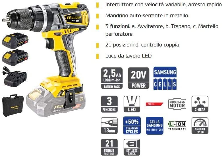 Trapano avvitatore percussione 60 Nm motore senza spazzole 2 batterie 20V 2,5AH