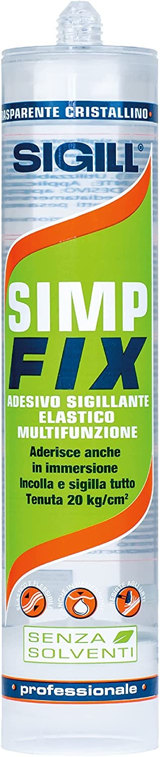 SIGILL, Simp Fix Trasparente, Adesivo e Sigillante Ibrido Monocomponente, Made in Italy, Aderisce anche su Superfici Bagnate e Garantisce la Massima Tenuta, Cartuccia da 290 ml